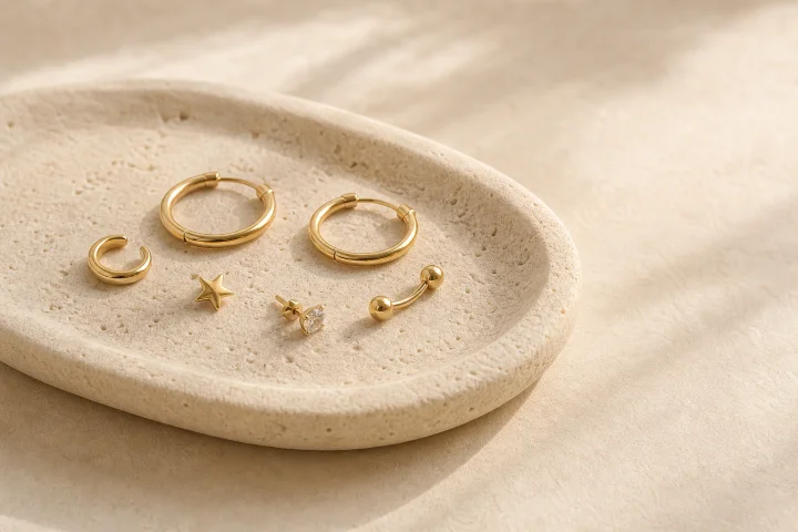 Gold body jewelry arranged on a warm limestone dish